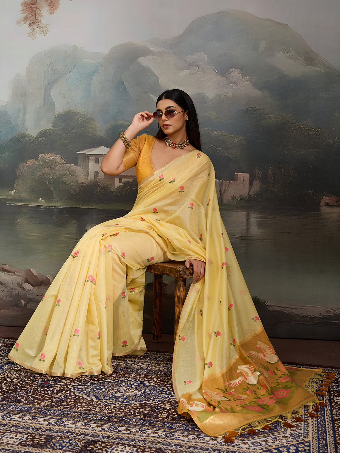 Swanika Cotton Ready To Wear Pocket Saree | Light Yellow