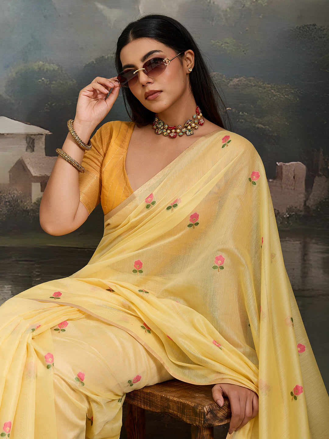 Swanika Cotton Ready To Wear Pocket Saree | Light Yellow