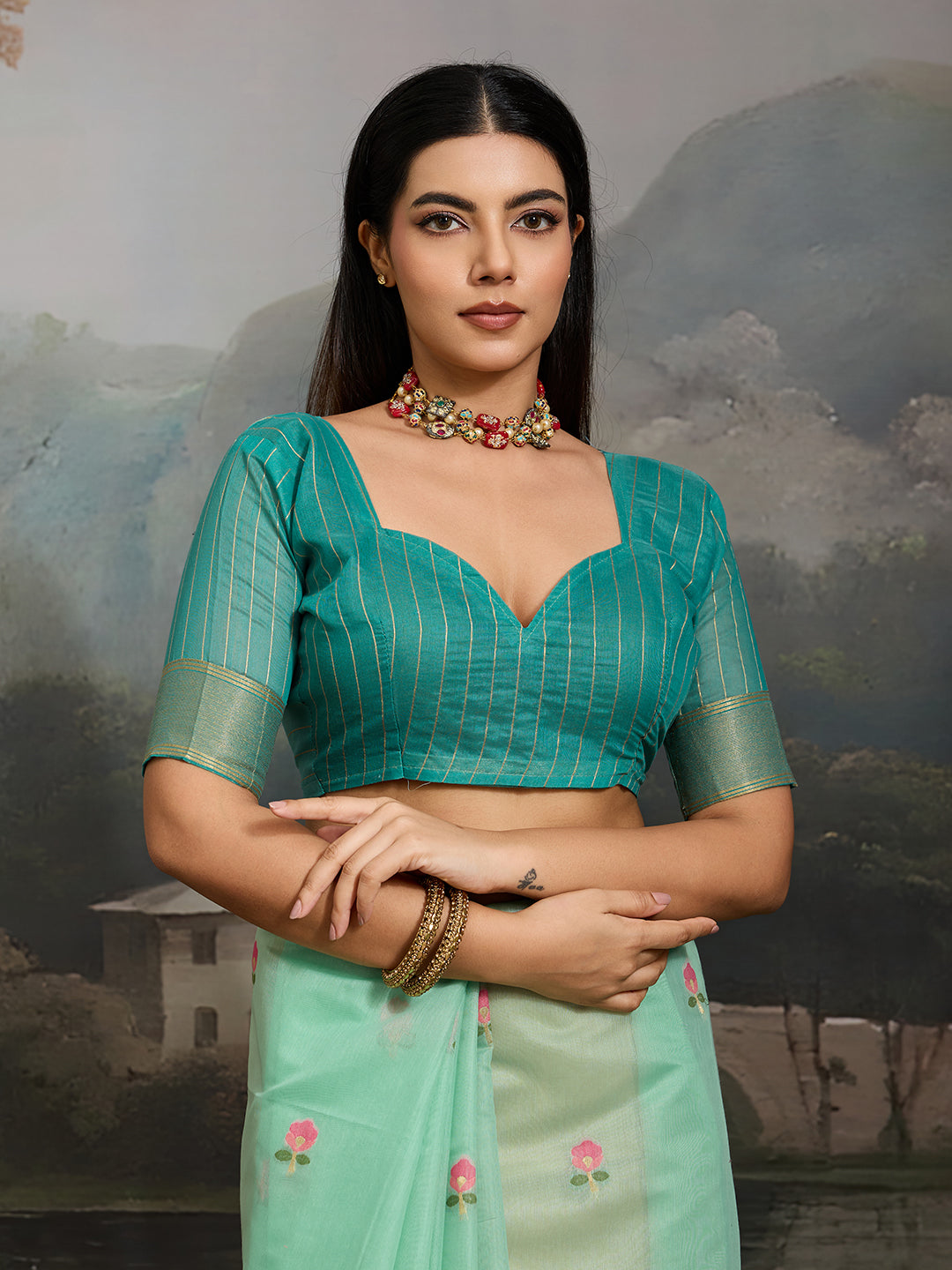 Swanika Cotton Ready To Wear Pocket Saree | Mint Green