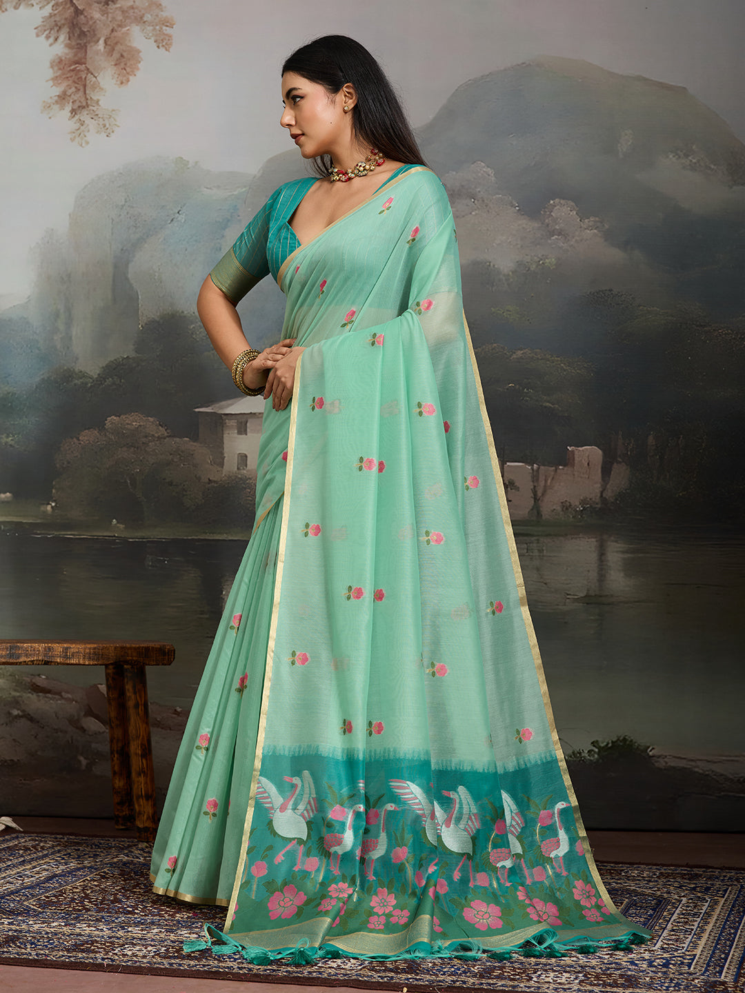 Swanika Cotton Ready To Wear Pocket Saree | Mint Green