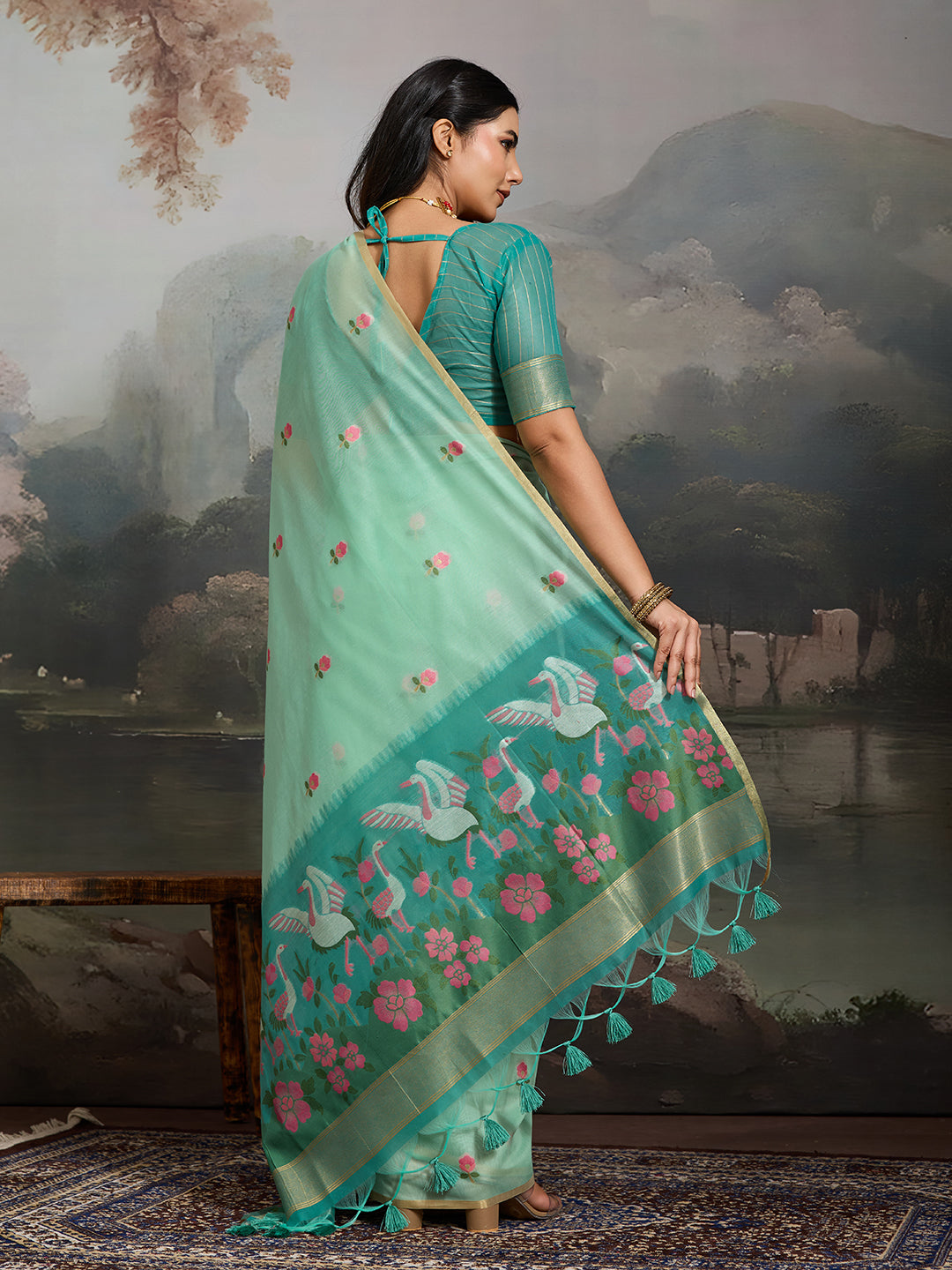 Swanika Cotton Ready To Wear Pocket Saree | Mint Green