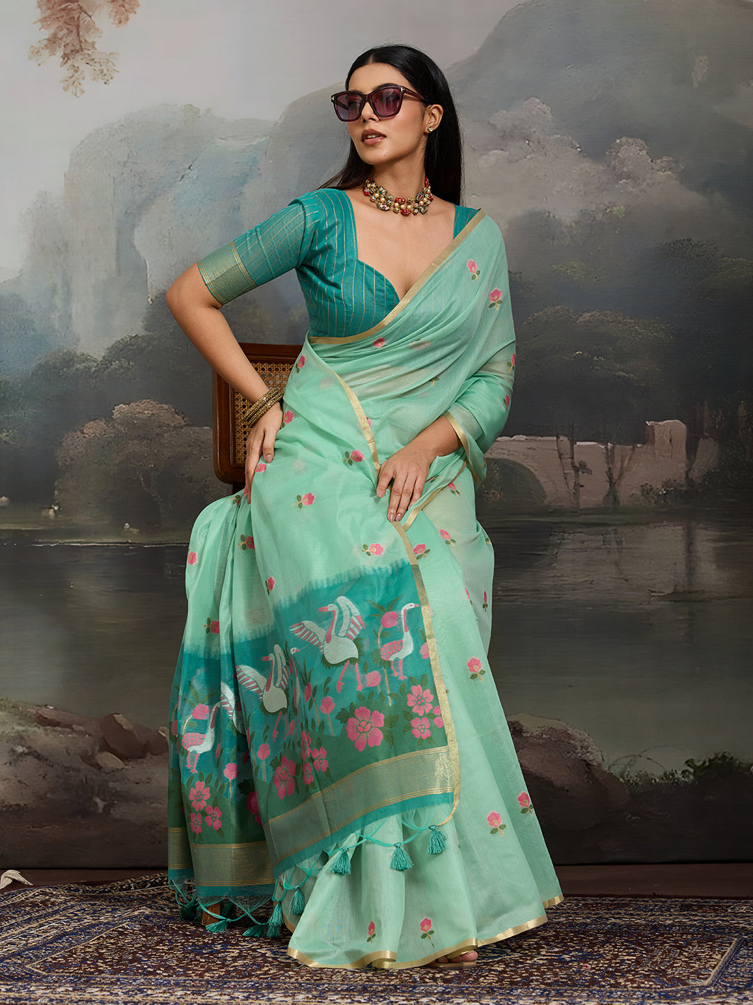Swanika Cotton Ready To Wear Pocket Saree | Mint Green