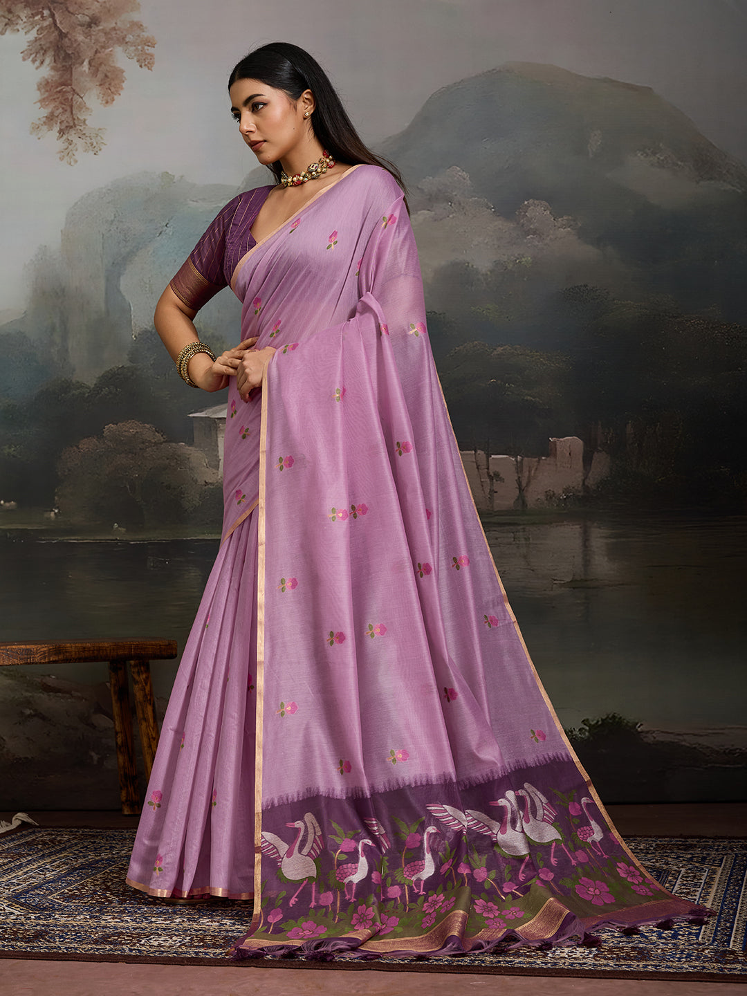 Swanika Cotton Ready To Wear Pocket Saree | Lavender