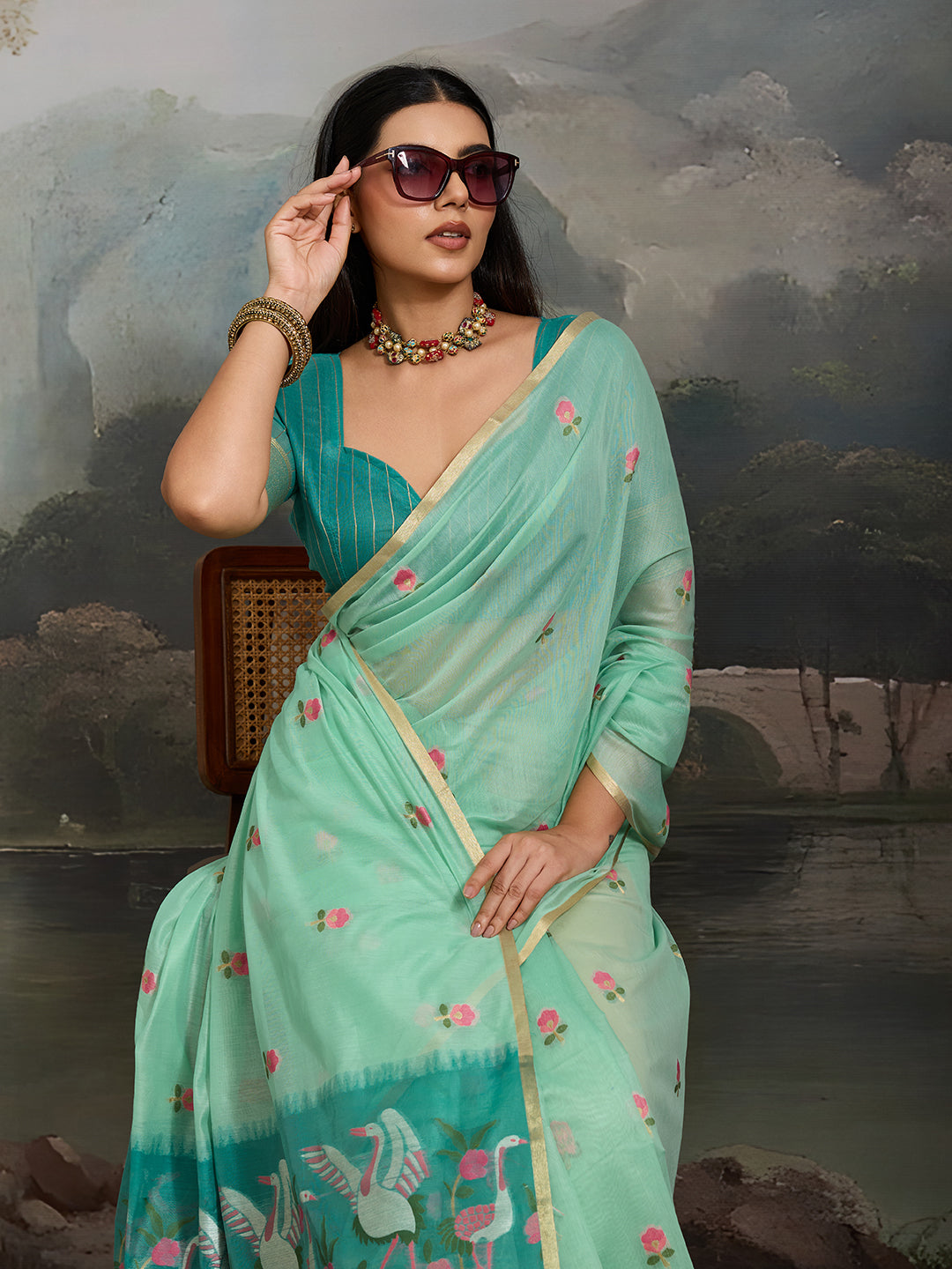 Swanika Cotton Ready To Wear Pocket Saree | Mint Green