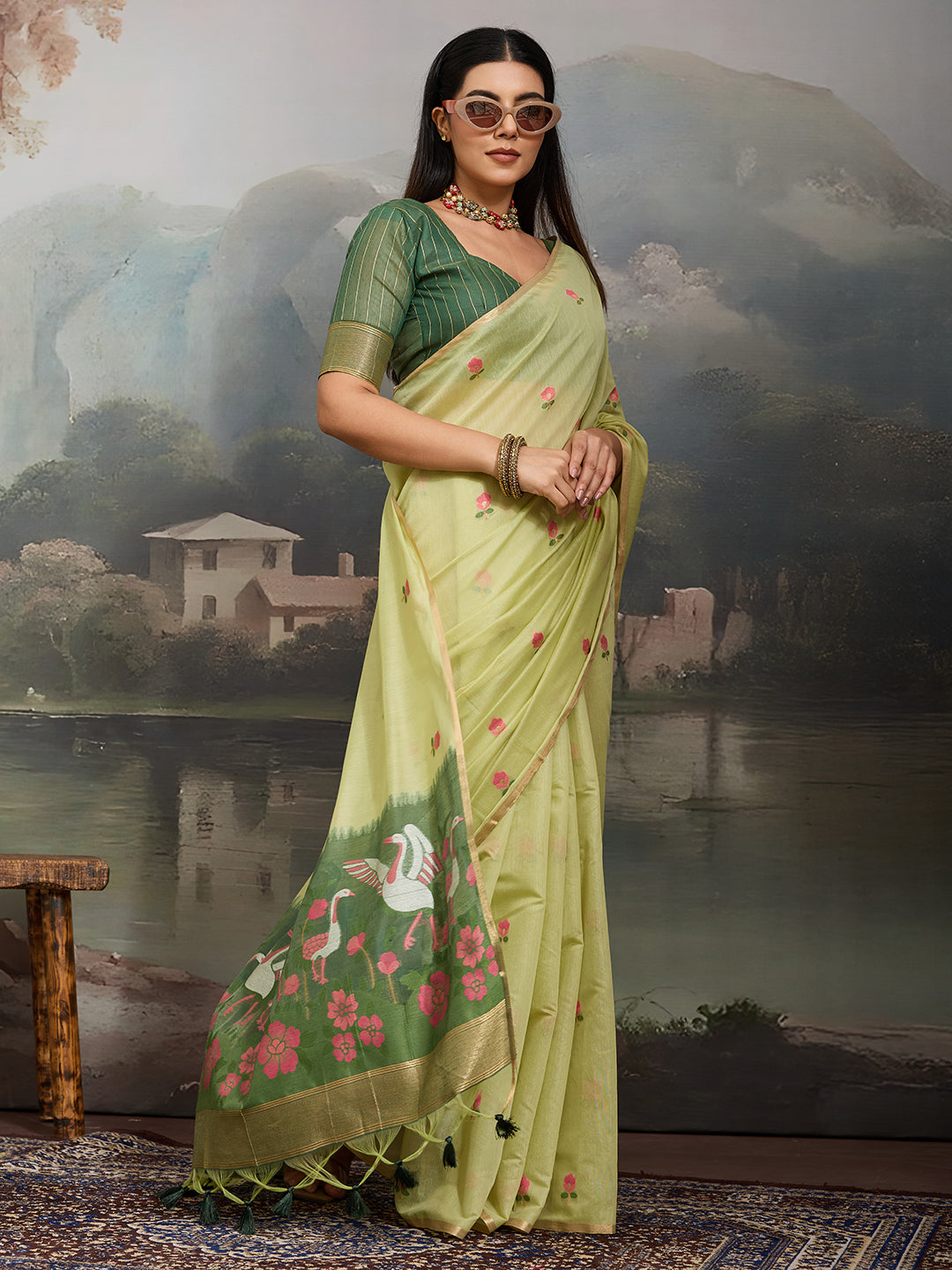 Swanika Cotton Ready To Wear Pocket Saree | Light Green