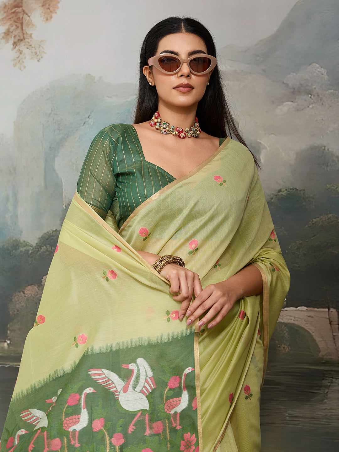 Swanika Cotton Ready To Wear Pocket Saree | Light Green