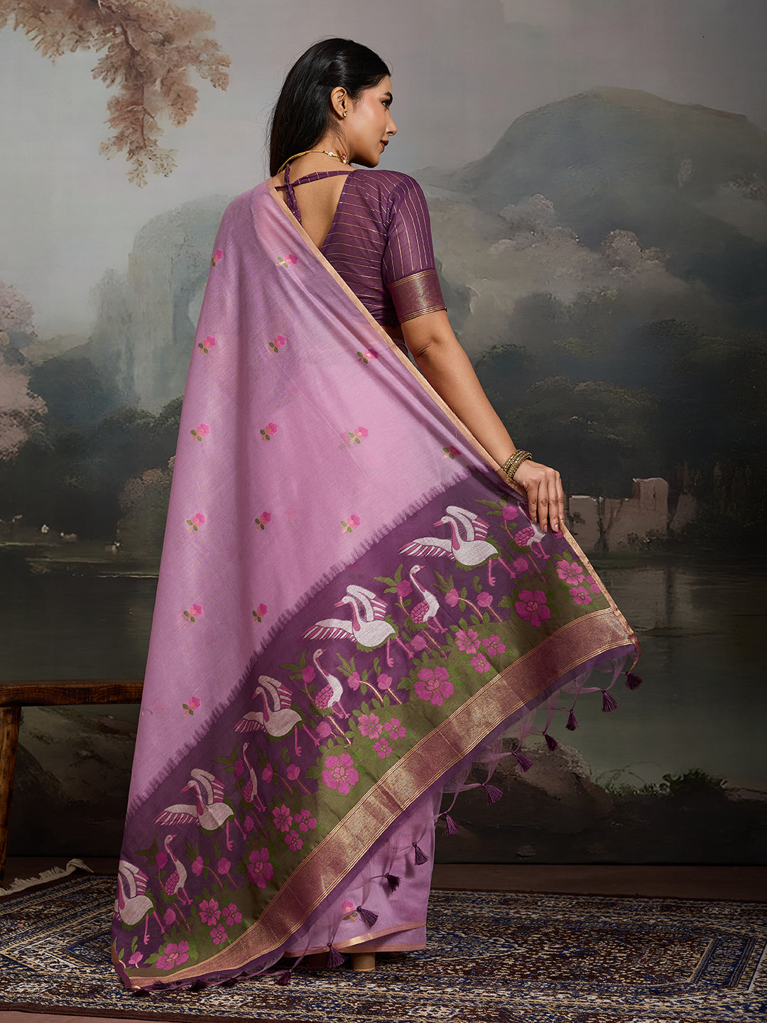 Swanika Cotton Ready To Wear Pocket Saree | Lavender