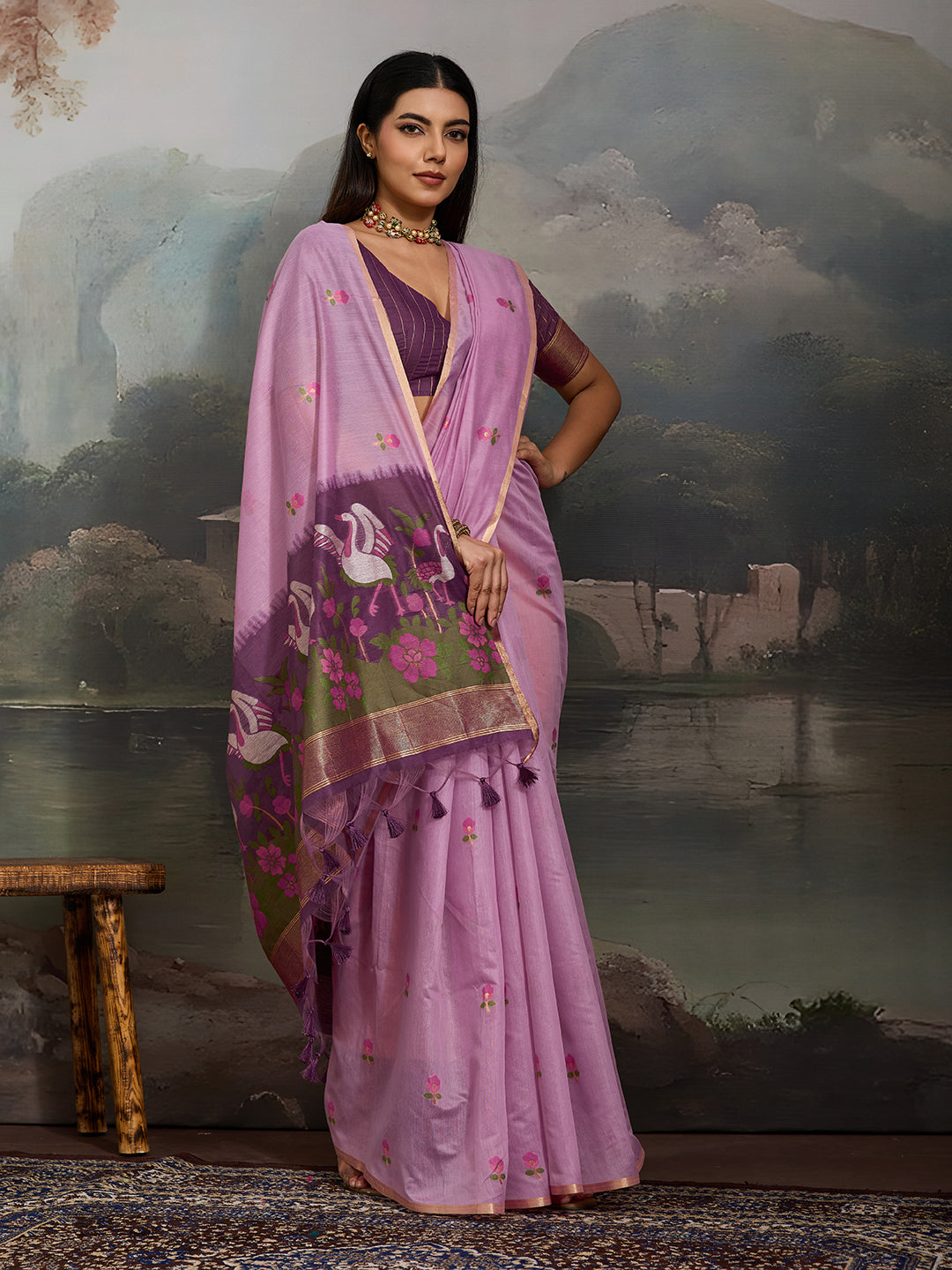 Swanika Cotton Ready To Wear Pocket Saree | Lavender