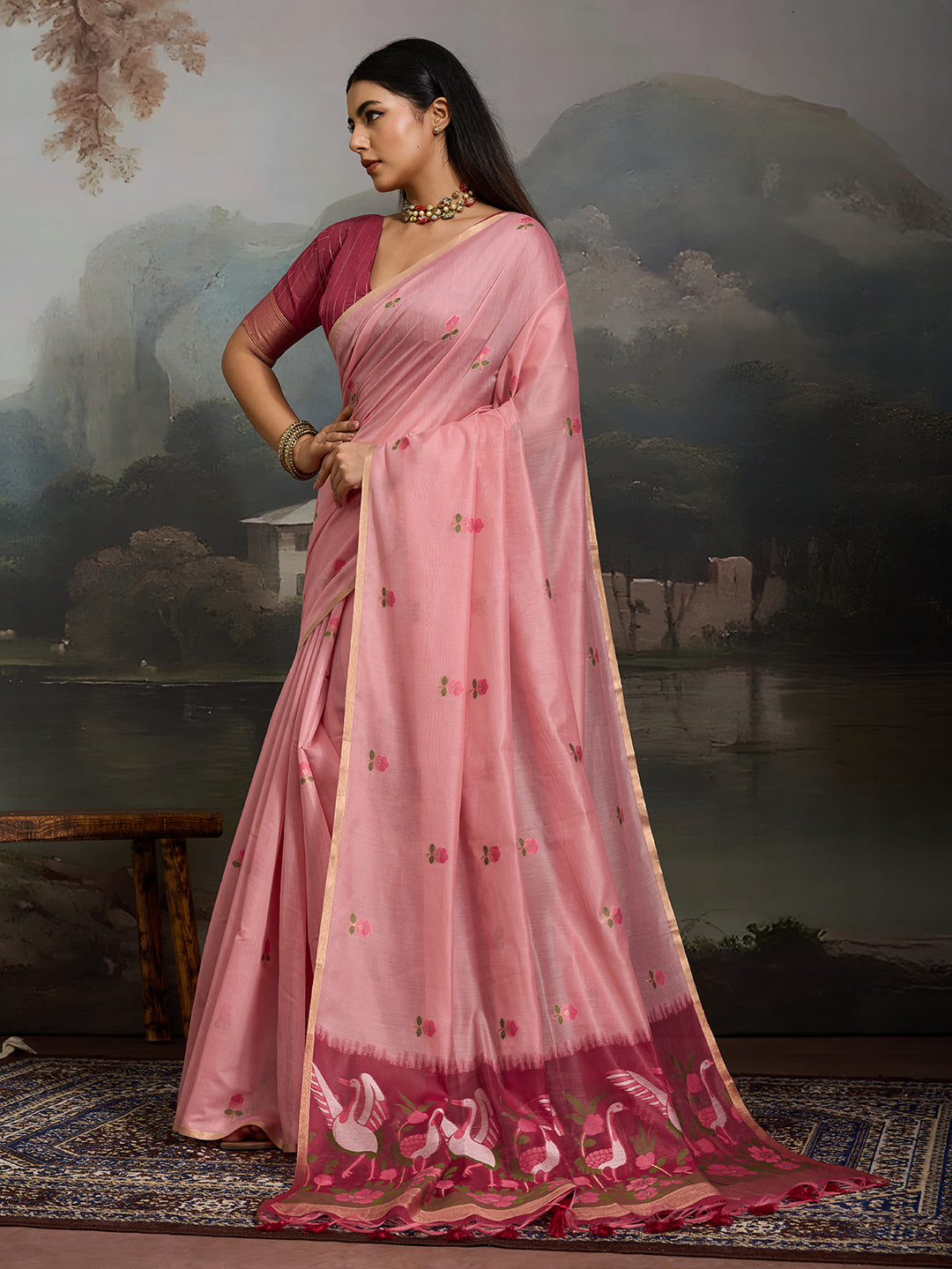 Swanika Cotton Ready To Wear Pocket Saree | Pink