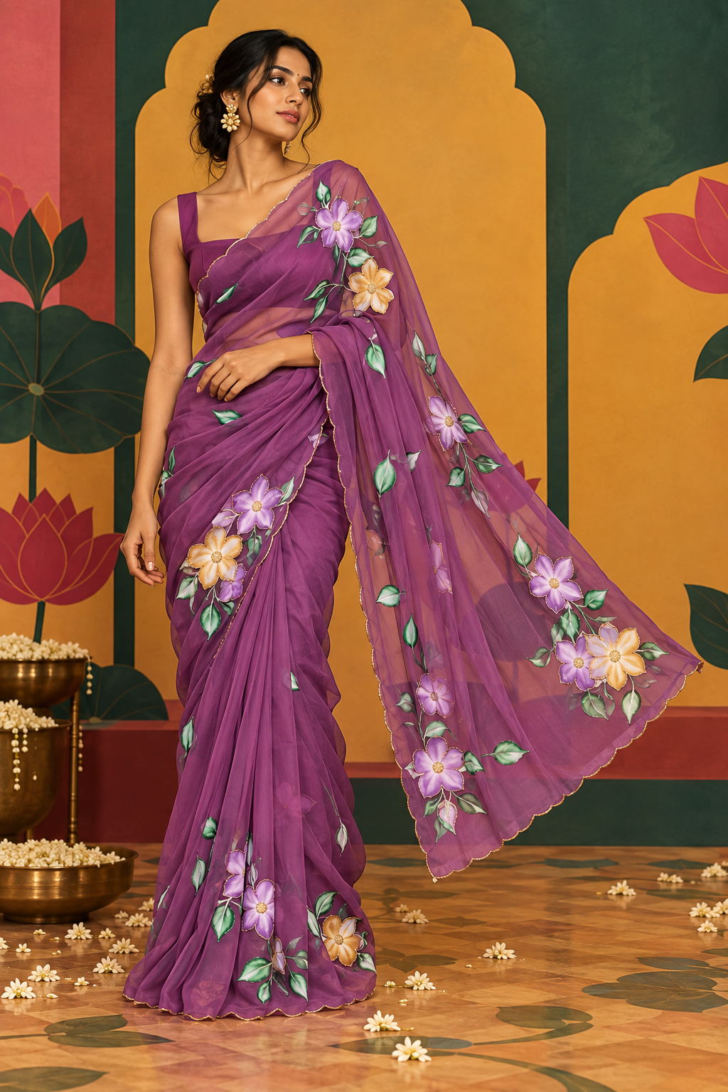 Full-length portrait of a model styled in a purple chiffon ready-to-wear pocket saree, featuring pre-stitched pleats, khatli handwork style lavender and yellow flowers and green foliage.