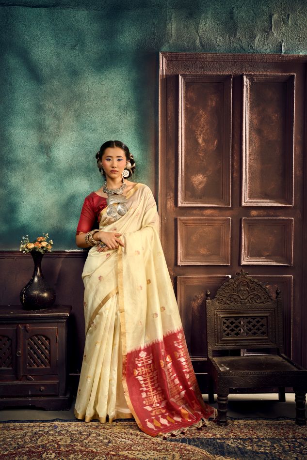 Evara Tussar Silk Ready To Wear Pocket Saree | Cream