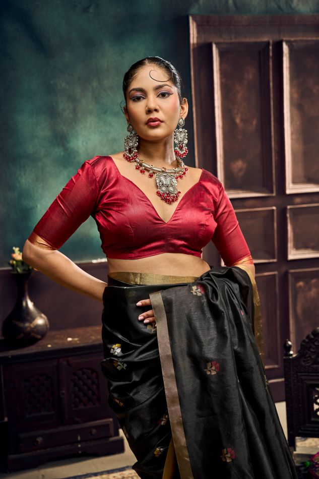 Evara Tussar Silk Ready To Wear Pocket Saree | Black