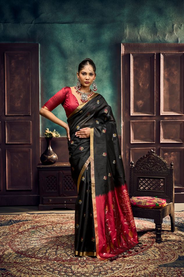 Evara Tussar Silk Ready To Wear Pocket Saree | Black