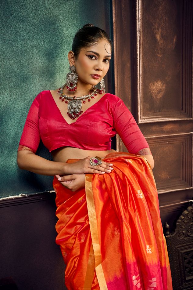 Evara Tussar Silk Ready To Wear Pocket Saree | Orange