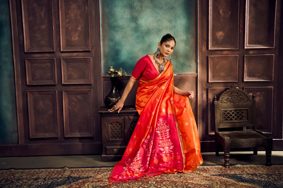 Evara Tussar Silk Ready To Wear Pocket Saree | Orange