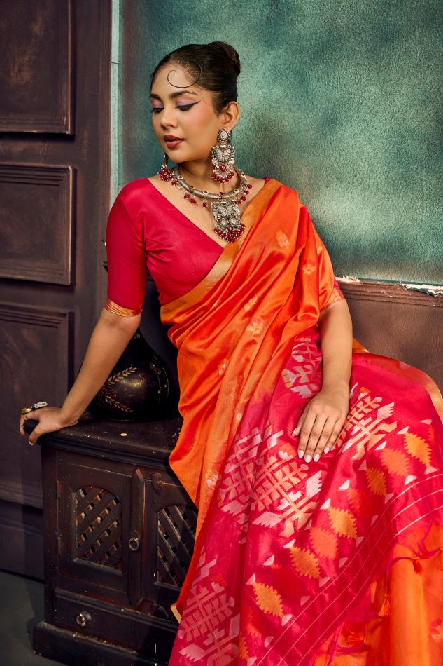 Evara Tussar Silk Ready To Wear Pocket Saree | Orange