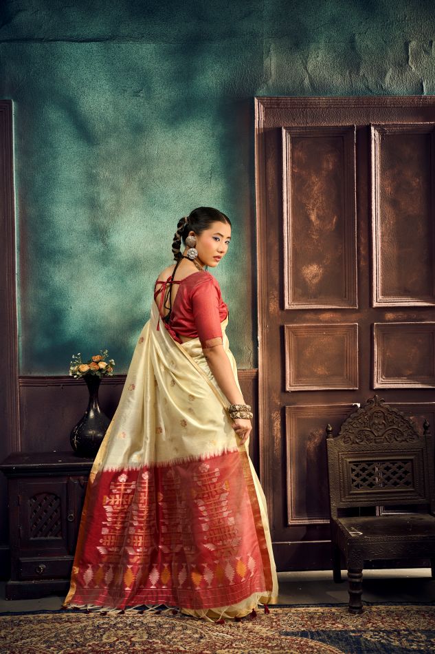 Evara Tussar Silk Ready To Wear Pocket Saree | Cream