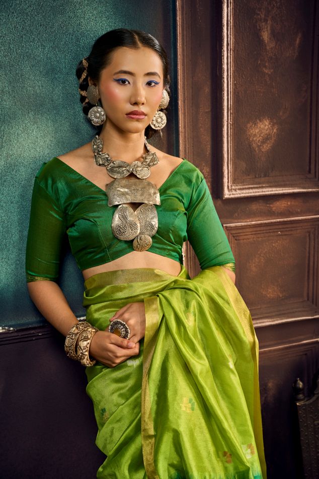 Evara Tussar Silk Ready To Wear Pocket Saree | Green