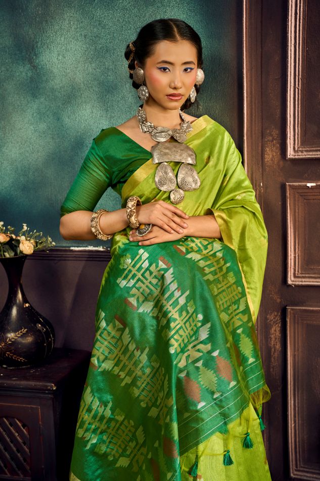 Evara Tussar Silk Ready To Wear Pocket Saree | Green