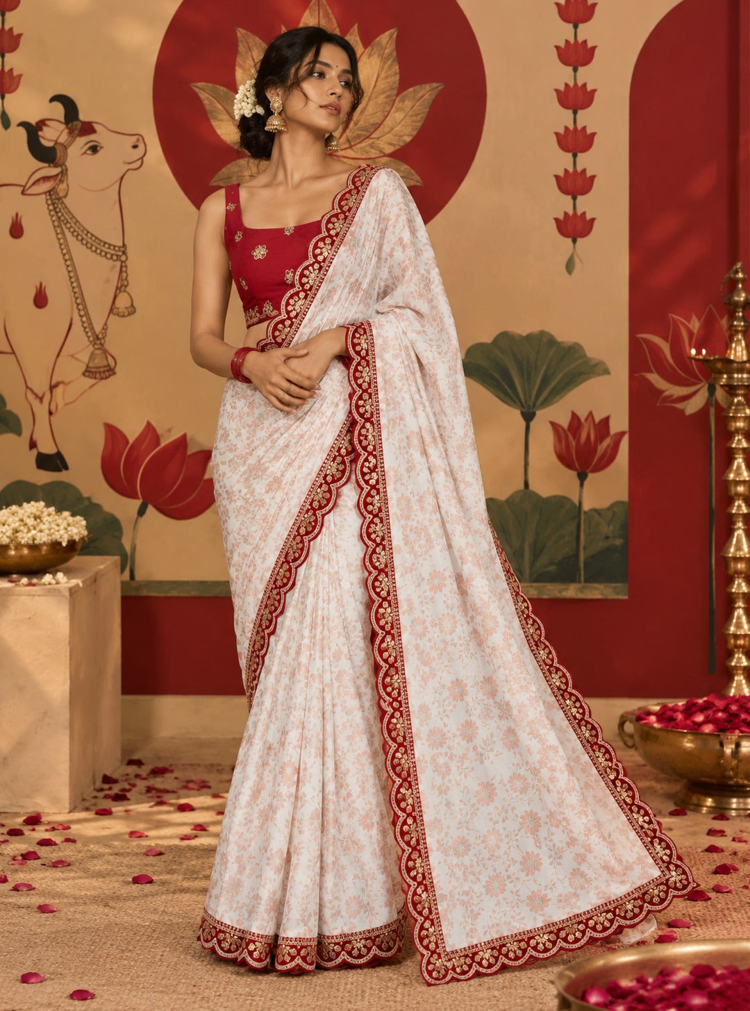 Full-length shot of a model in the Riwaaz Dola Silk ready-to-wear pocket saree, featuring pre-stitched pleats, peach floral detailing, and a scalloped red embroidered border.
