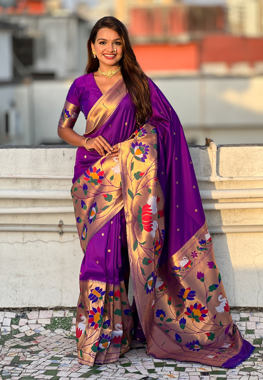 Utsav Umang PowerLoom Paithani Silk Ready To Wear Pocket Saree | Purple