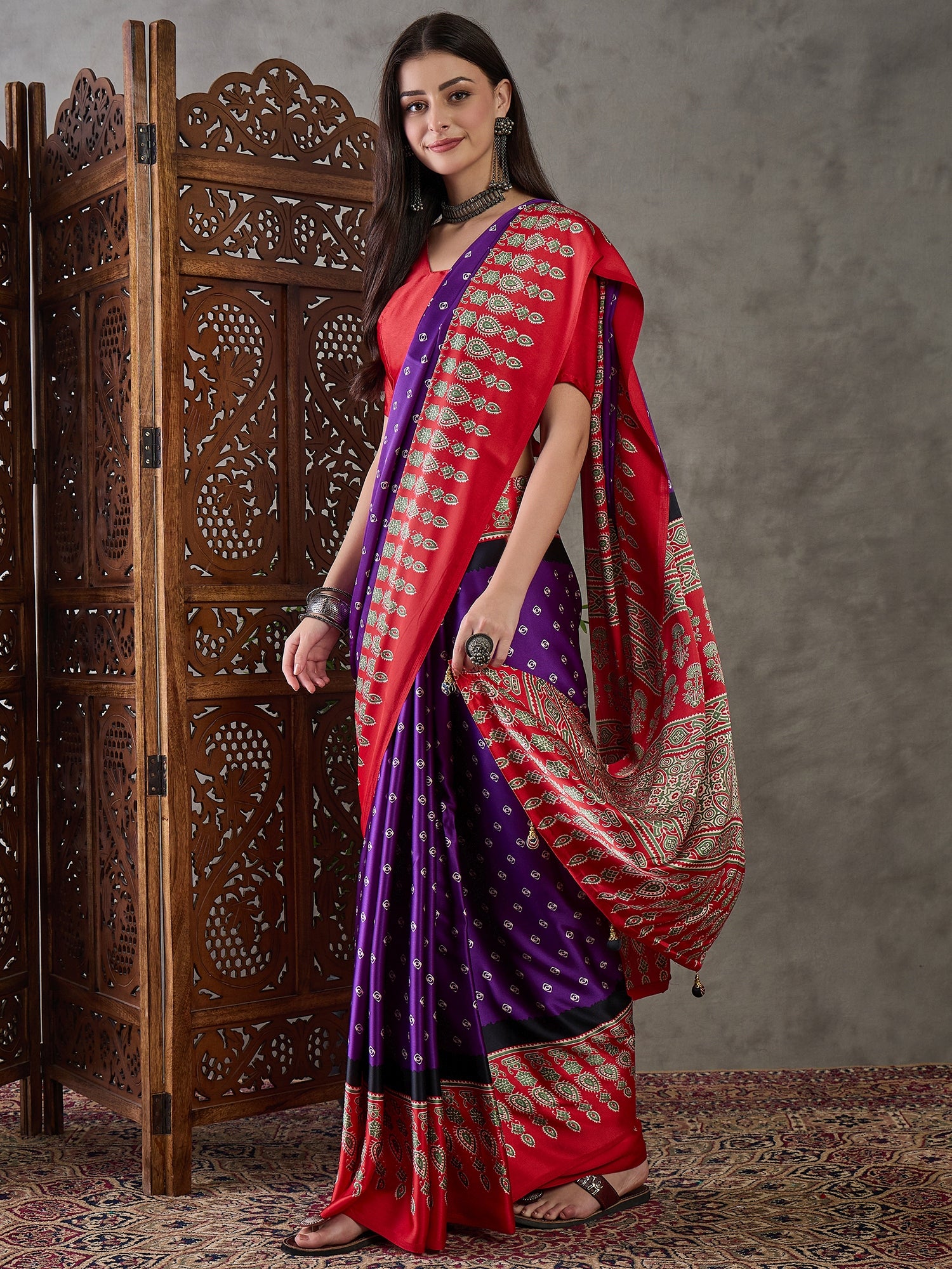 Modal Ajrakh Print (Purple) Ready To Wear Pocket Saree