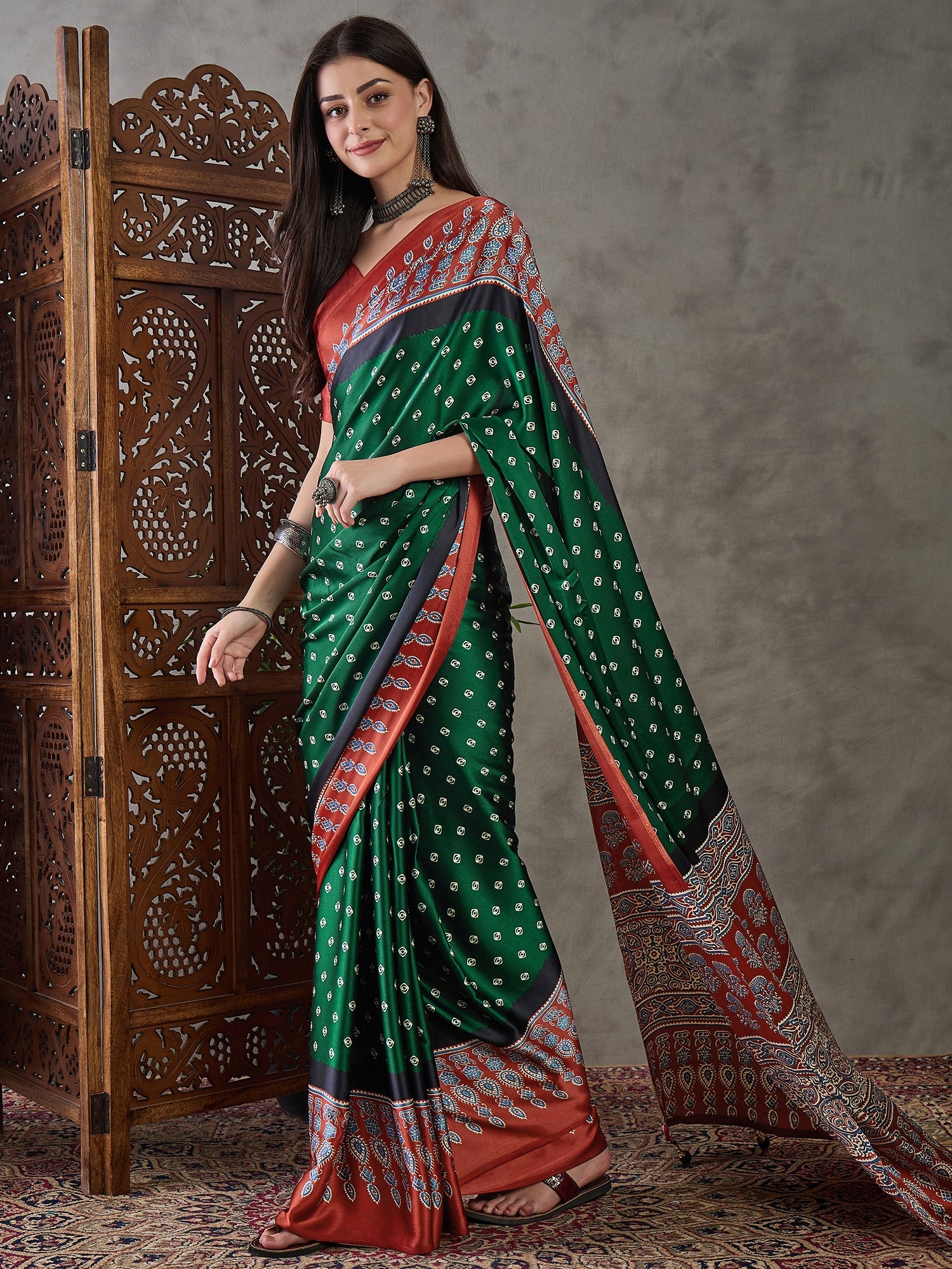 Modal Ajrakh Print (Green) Ready To Wear Pocket Saree