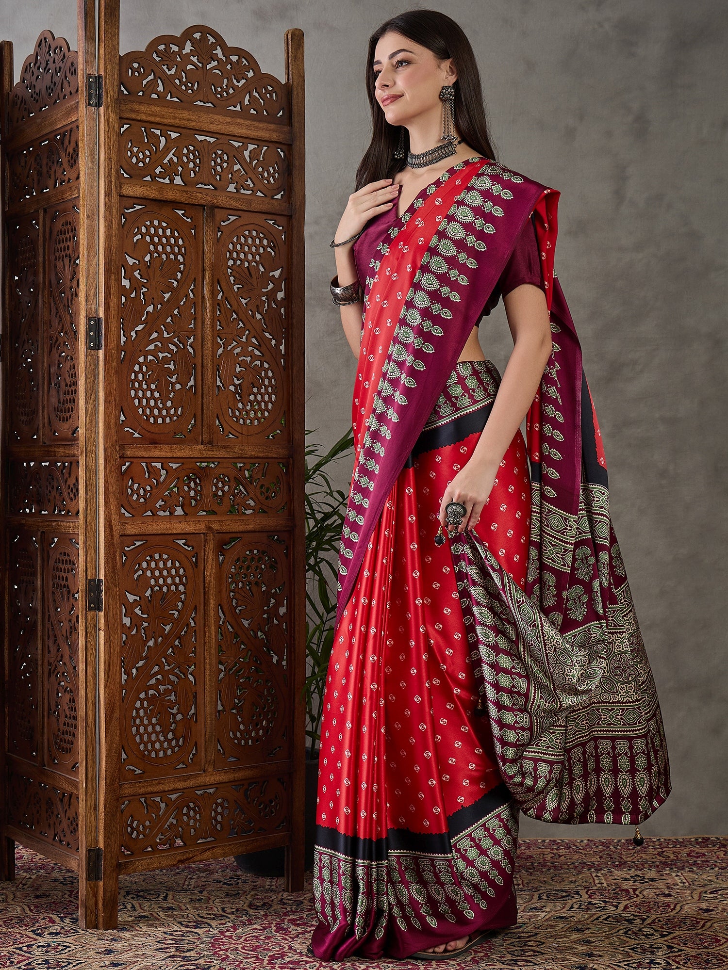 Modal Ajrakh Print (Red) Ready To Wear Pocket Saree