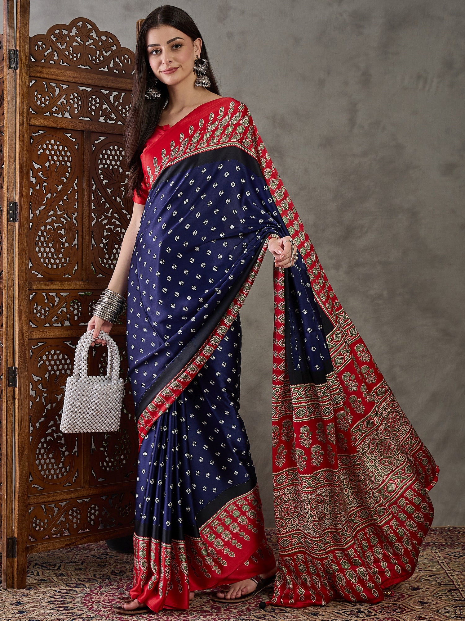 Modal Ajrakh Print (Blue) Ready To Wear Pocket Saree