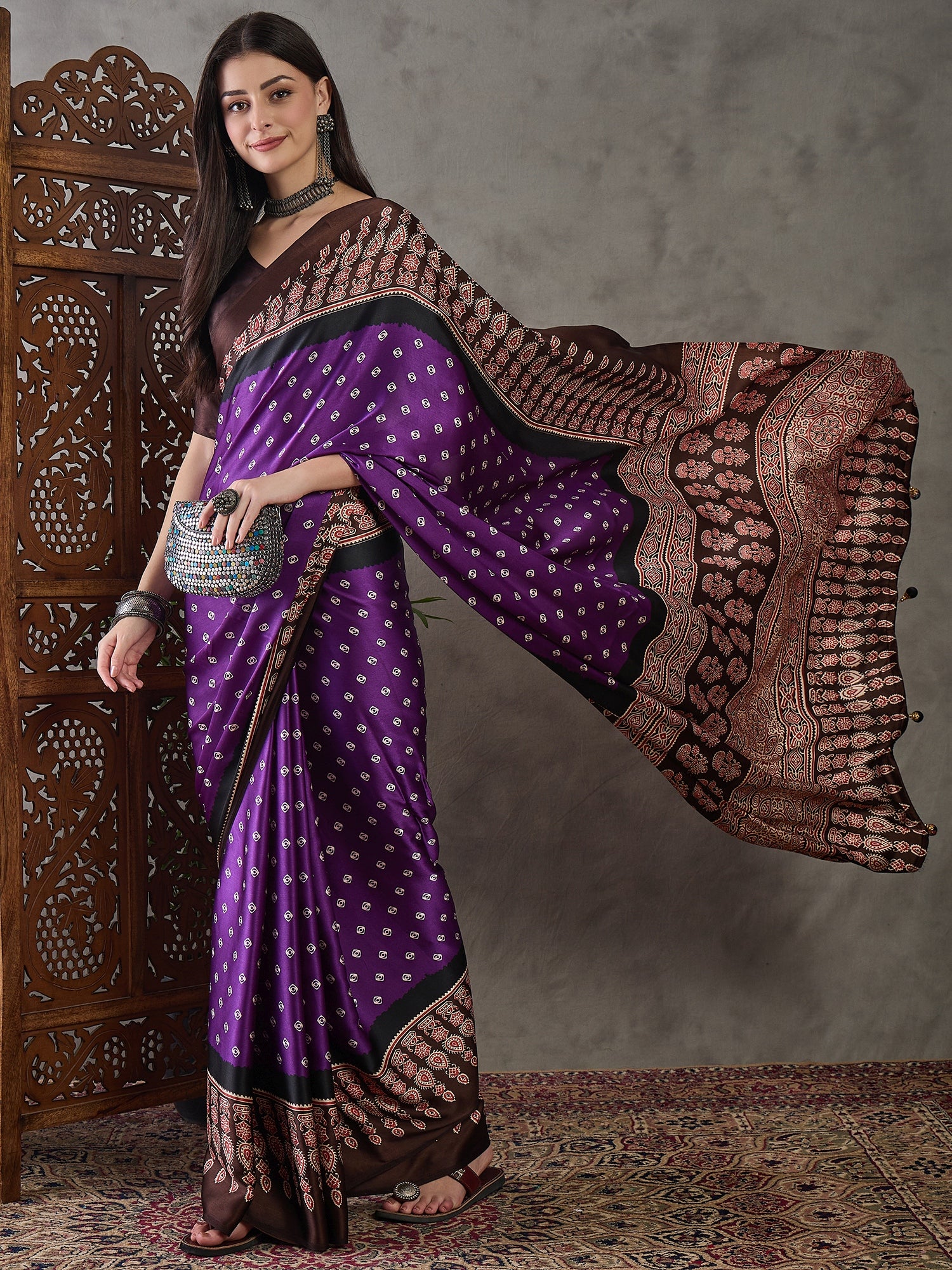 Modal Ajrakh Print (Brown) Ready To Wear Pocket Saree