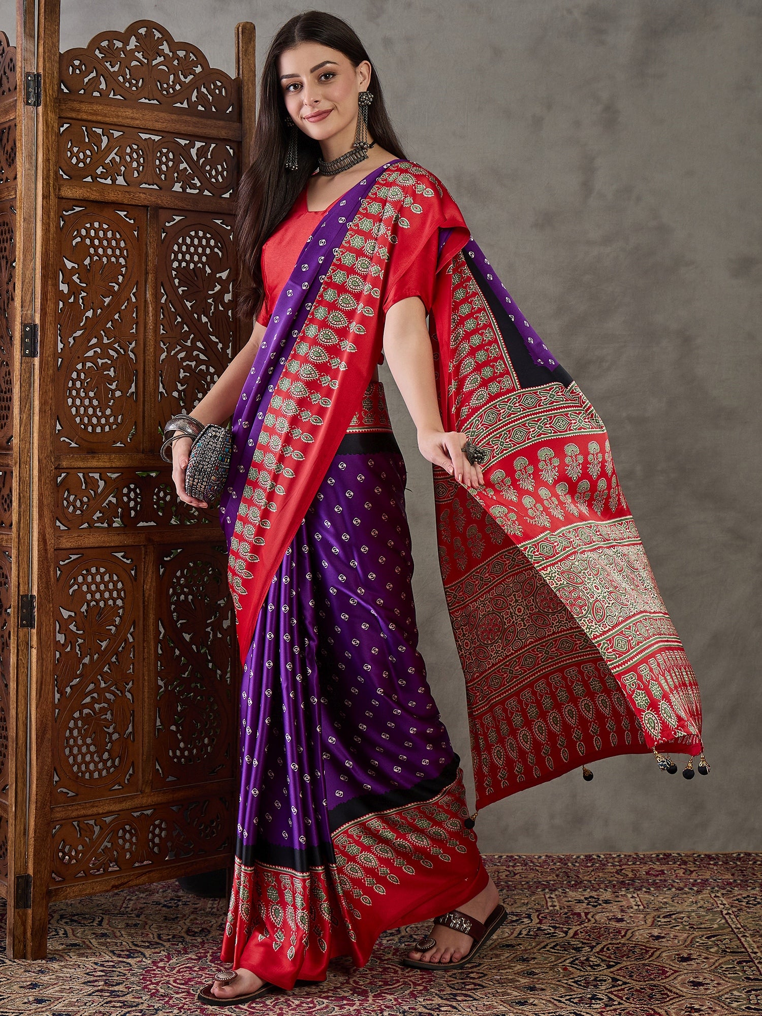 Modal Ajrakh Print (Purple) Ready To Wear Pocket Saree