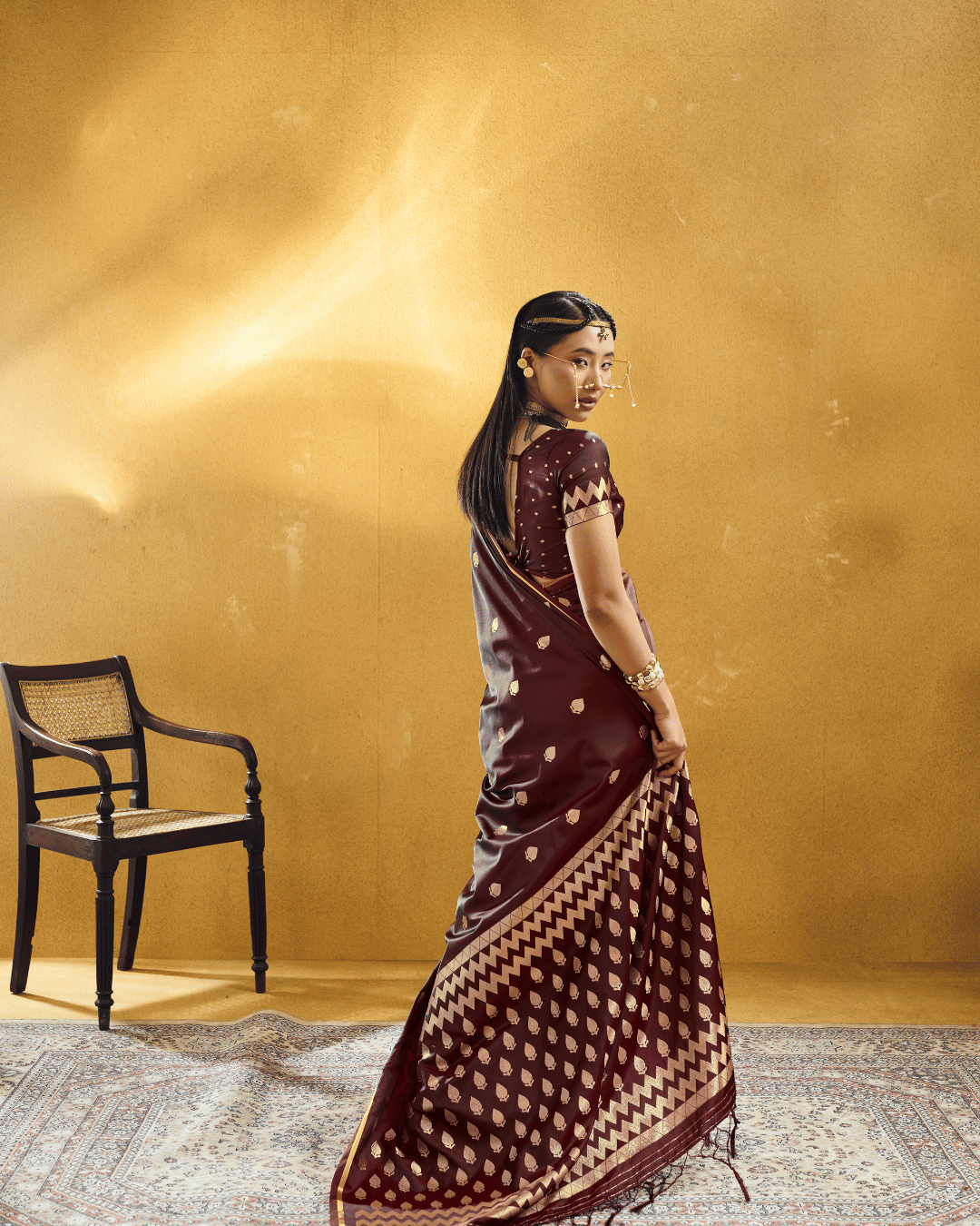 Chevron Powerloom Satin Ready-to-Wear Pocket Saree | Wine