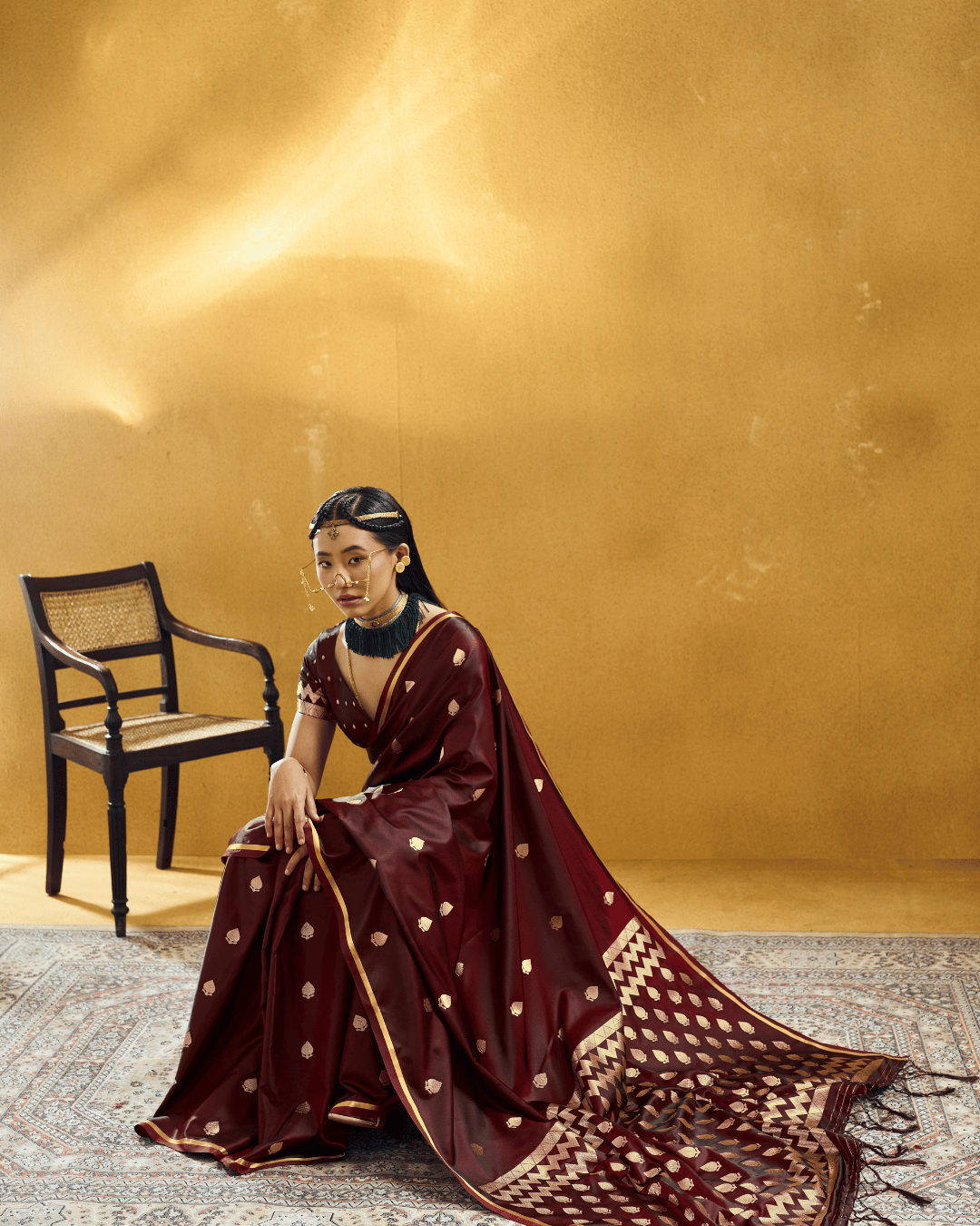 Chevron Powerloom Satin Ready-to-Wear Pocket Saree | Wine