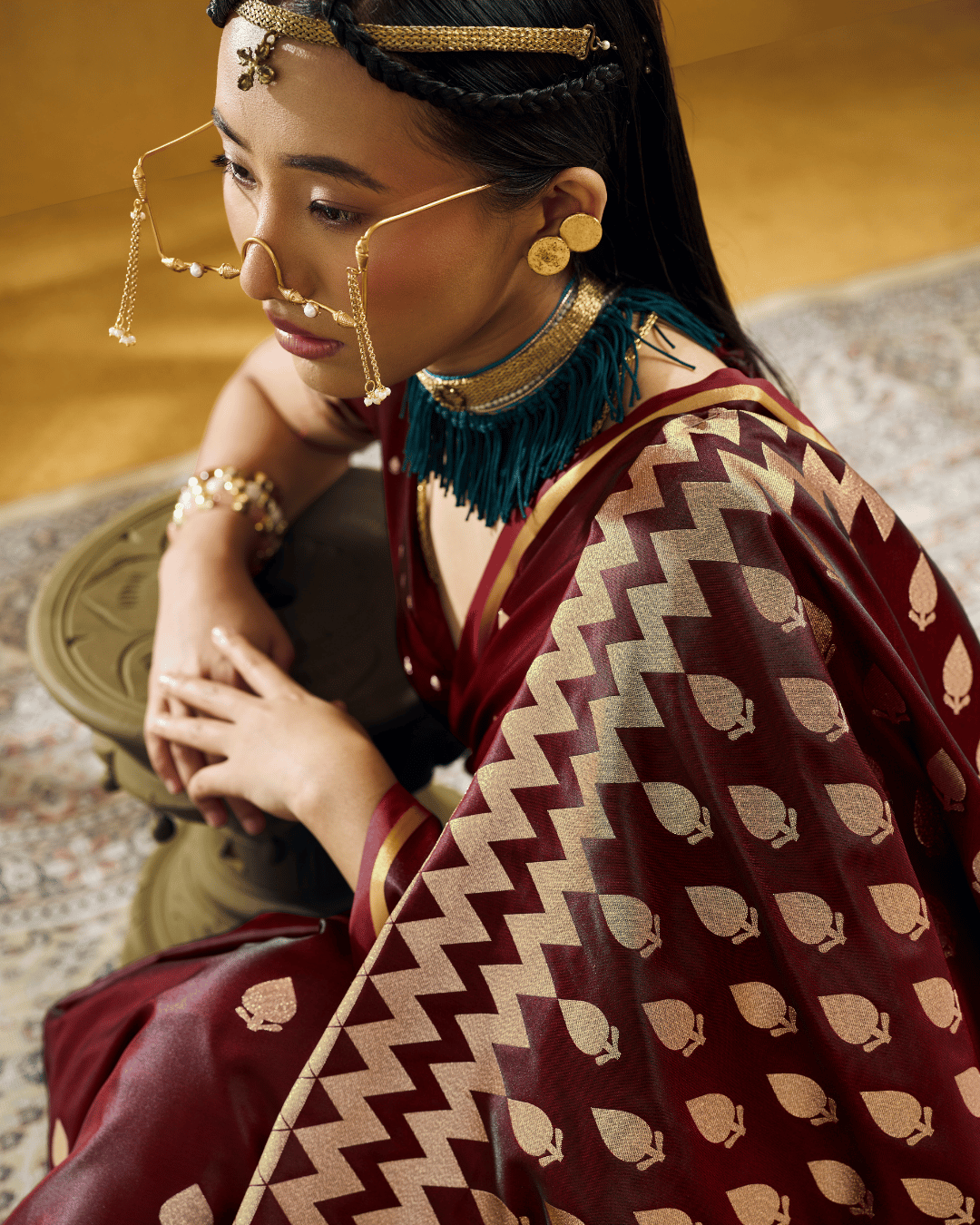 Chevron Powerloom Satin Ready-to-Wear Pocket Saree | Wine