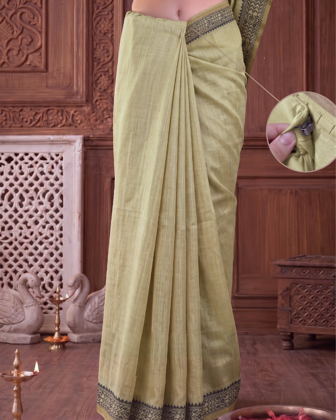 Close-up detailing the sturdy hook-and-loop fastening hidden neatly along the pre-draped waistband pleats.