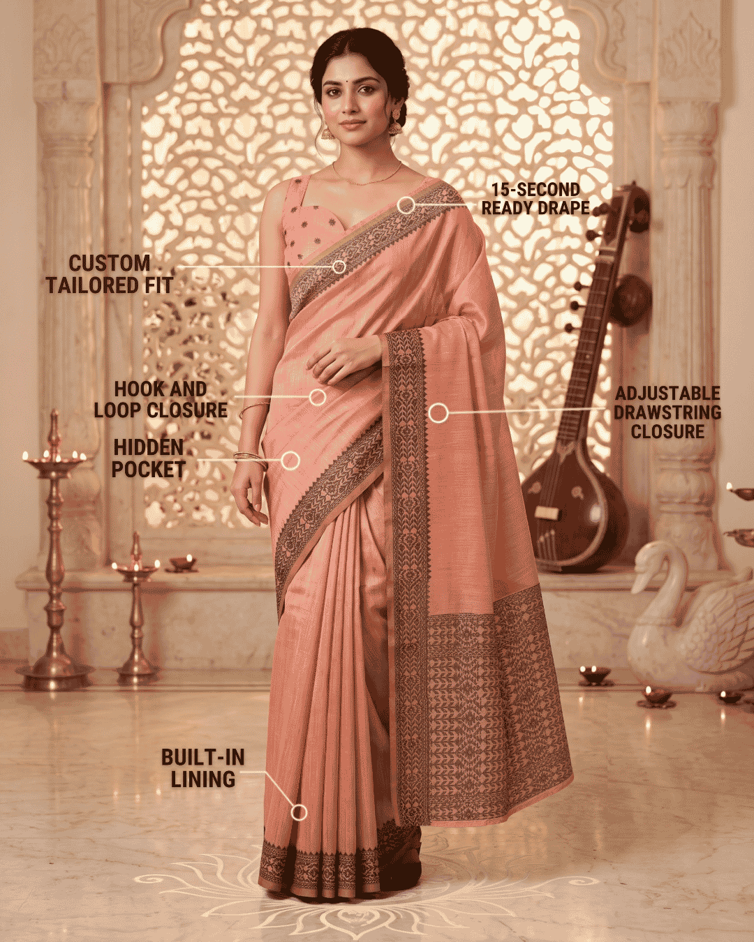 Infographic diagram labeling key features of the meher peach tissue linen ready to wear pocket saree including 15-second ready drape, custom tailored fit, hook-and-loop closure, hidden magnetic pocket, adjustable drawstring, and built-in lining.