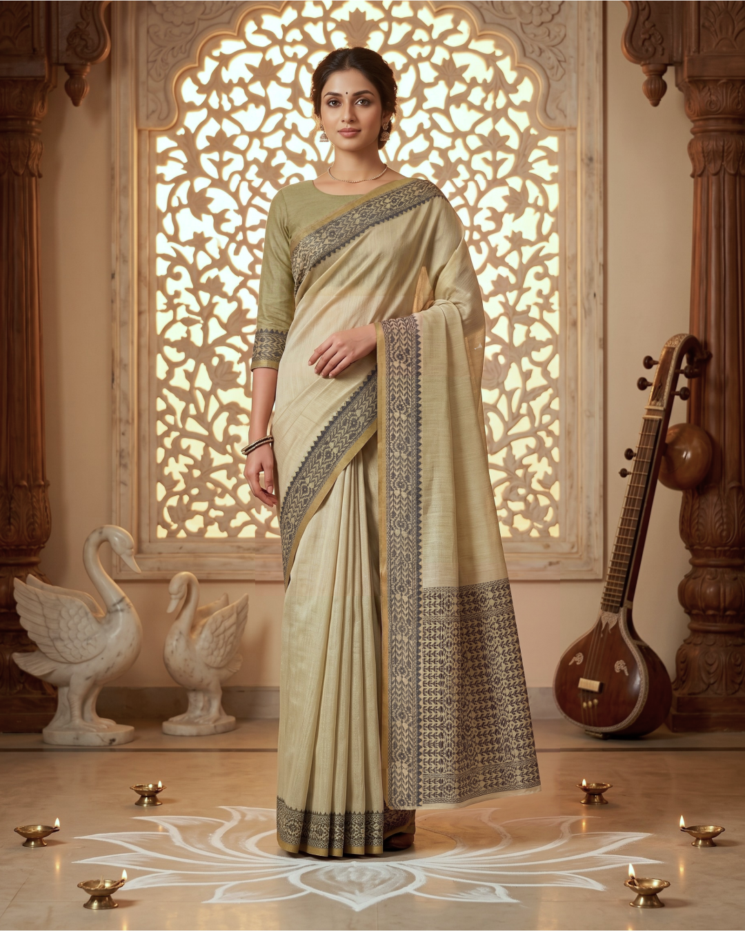 Full-length portrait of a model wearing the muted pastel green Meher ready-to-wear saree with pocket.