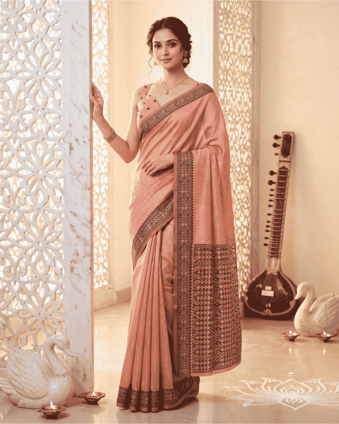 Full-length portrait of a model wearing the peach Meher Tissue Linen pre-draped saree with pocket featuring geometric details in charcoal tone.