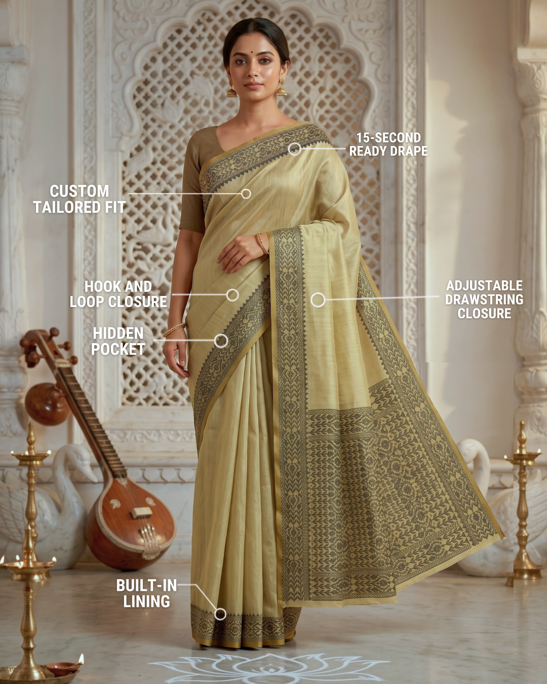 Feature callout diagram labeling key highlights of the meher muted pastel green saree, including 15-second ready drape, custom tailored fit, hook-and-loop closure, hidden pocket, adjustable drawstring, and built-in lining.