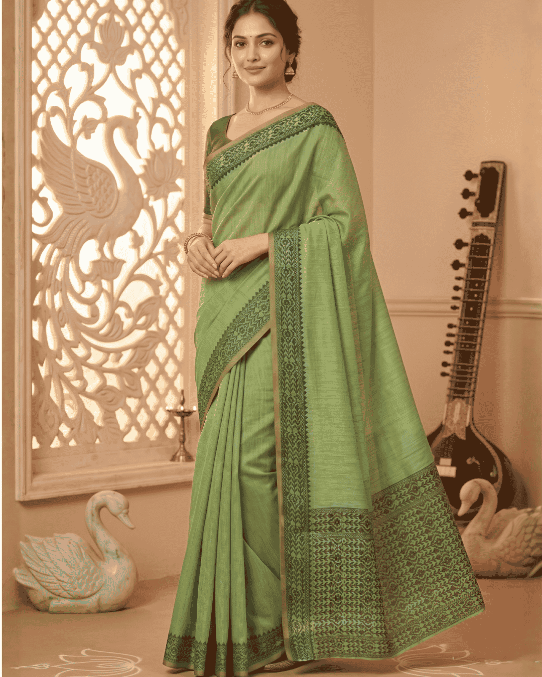 Full-length shot of a model wearing the sage green Meher ready-to-wear pocket saree.