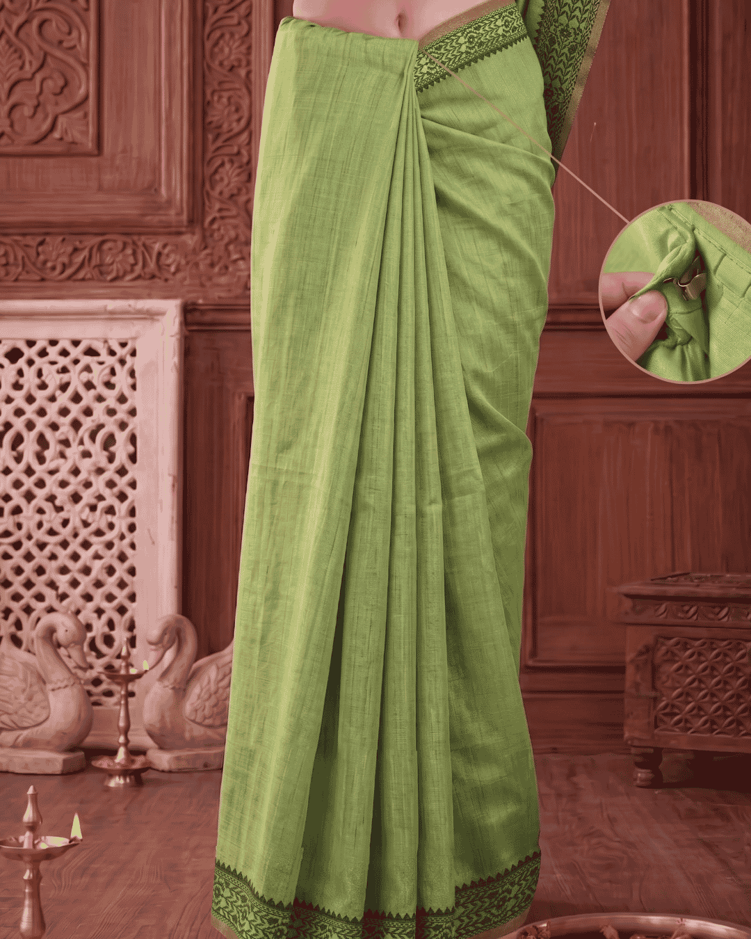 Close-up inset showing the hook-and-loop closure mechanism along the waistband and the pre-draped pleats of the meher sage green 15-second pocket saree.