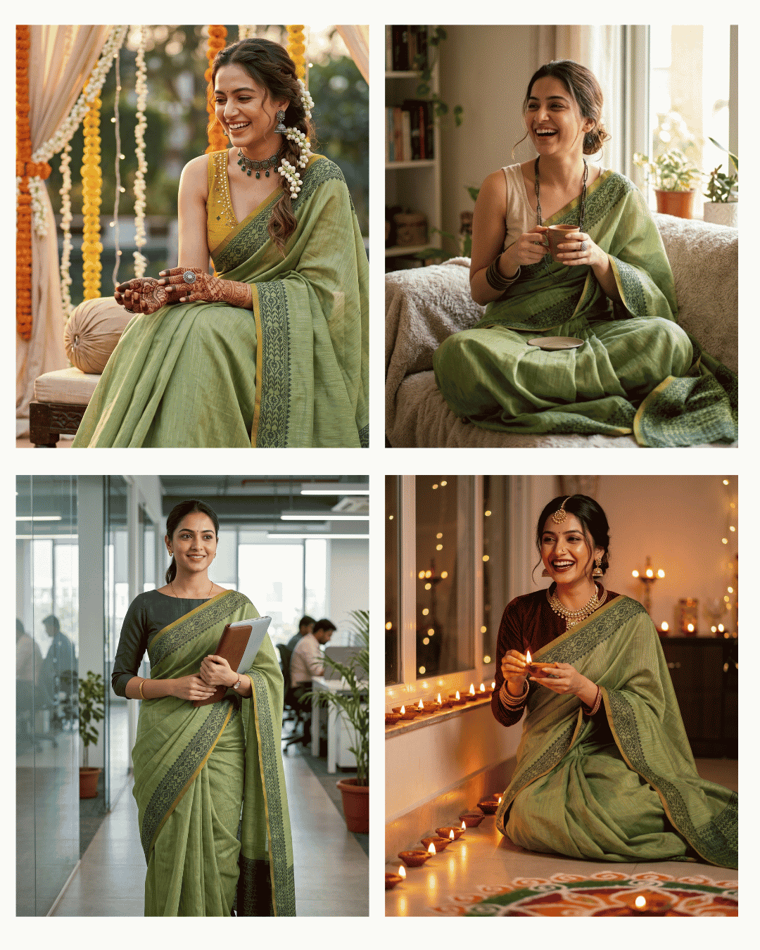 Four-panel lifestyle collage showing the sage green pre-draped pocket saree styled for mehendi functions, casual home gatherings, corporate office ethnic days, and festive Diwali evenings.