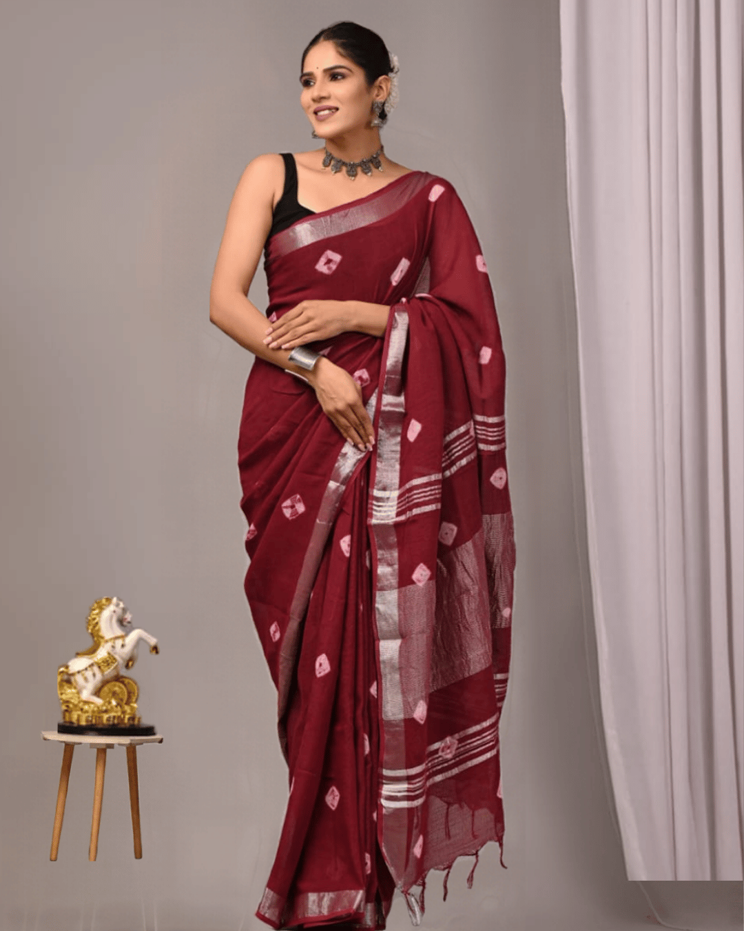 Midnight Mosaic Linen Ready To Wear Pocket Saree | Burgundy