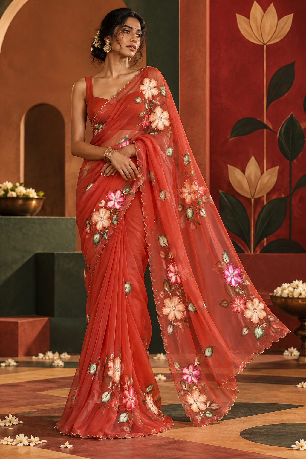 Full-length shot of a model wearing a warm vermillion ready-to-wear pocket saree, featuring pre-stitched pleats and hand-painted floral motifs.