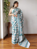 Paradise Sky Mul Cotton Hand Block Printed Saree