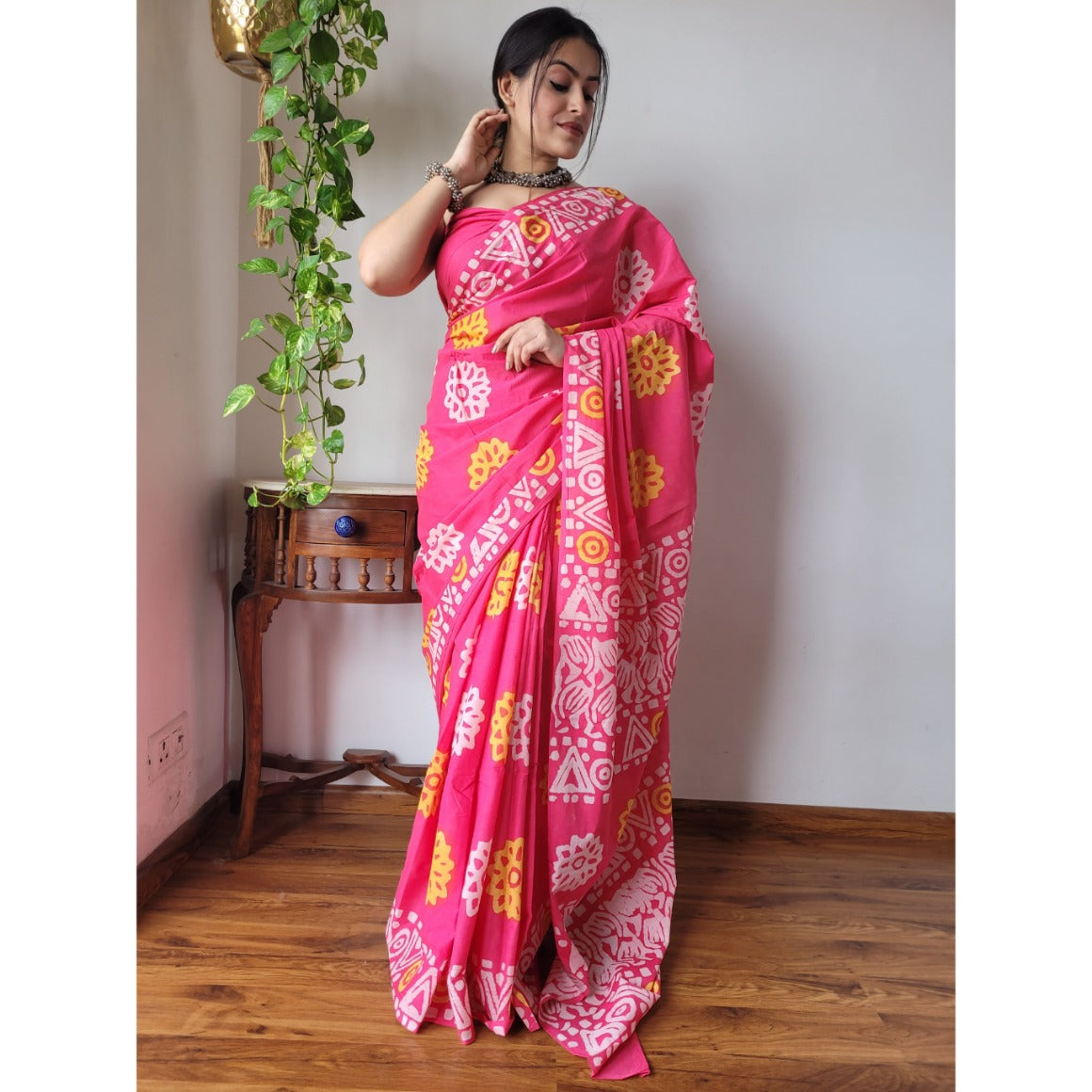 Pink Flora Mul Cotton Ready To Wear Pocket Saree