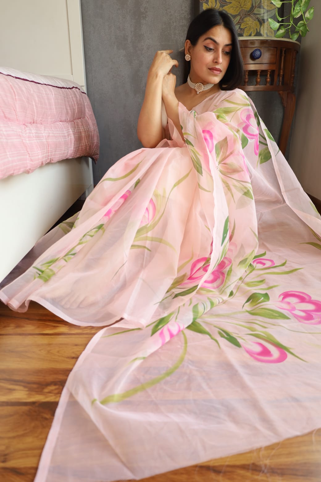 Tri-Petals Organza Ready To Wear Pocket Saree