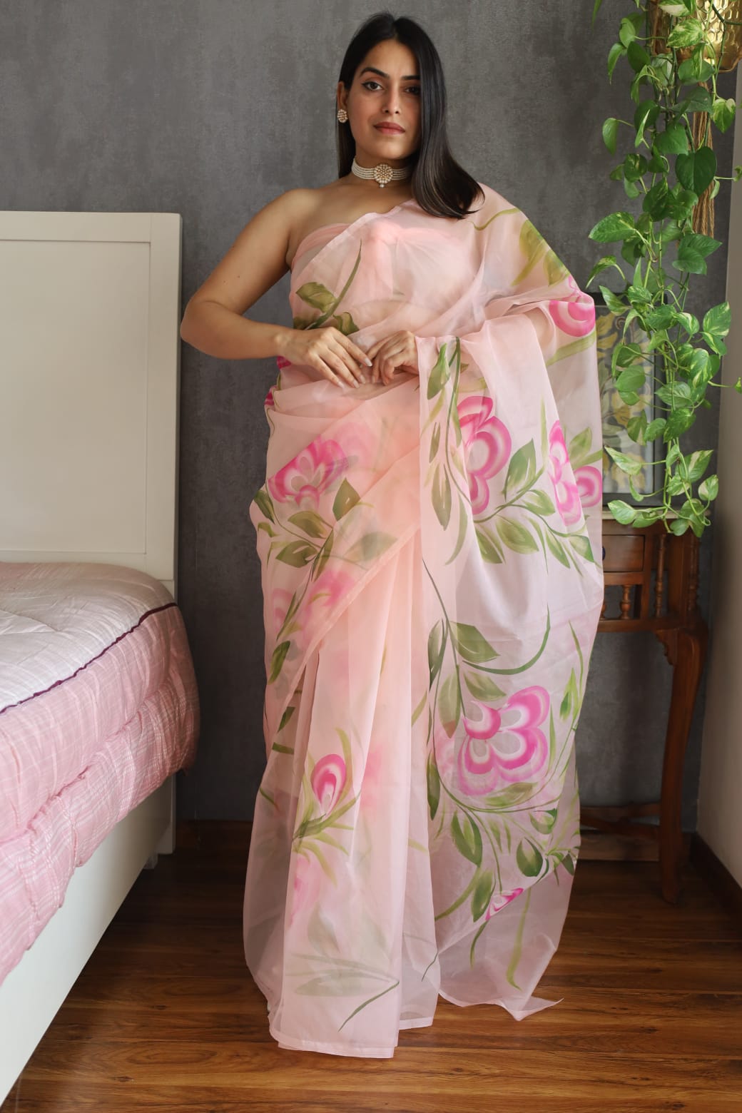 Tri-Petals Organza Ready To Wear Pocket Saree