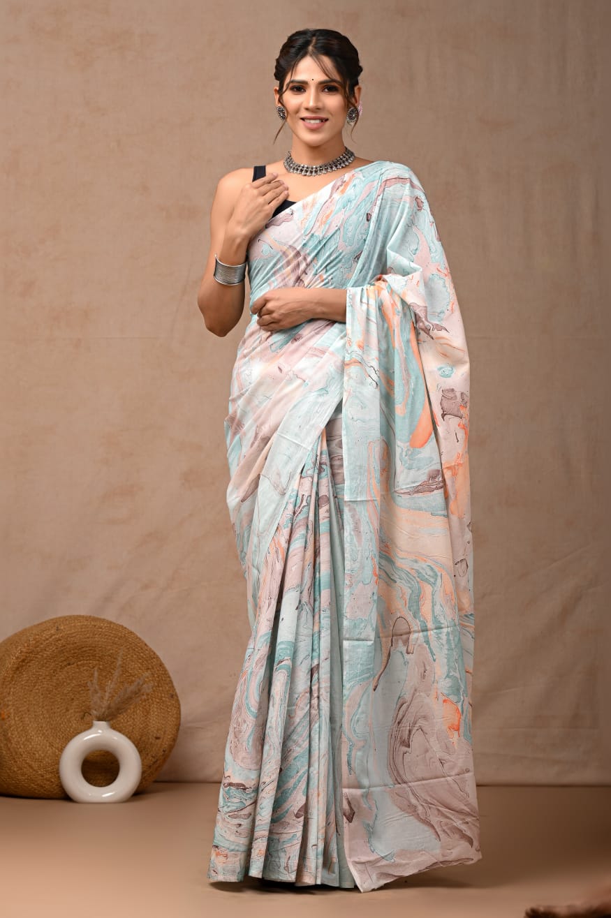 Orion Marble Mul Cotton Ready-To-Wear Pocket Saree
