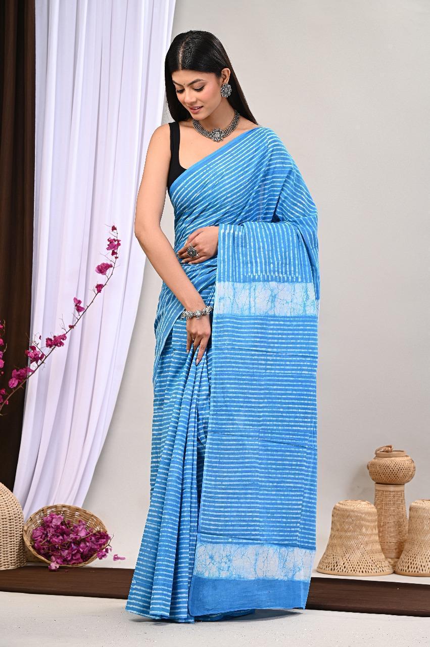 Bluestrip Mul Cotton Ready To Wear Pocket Saree
